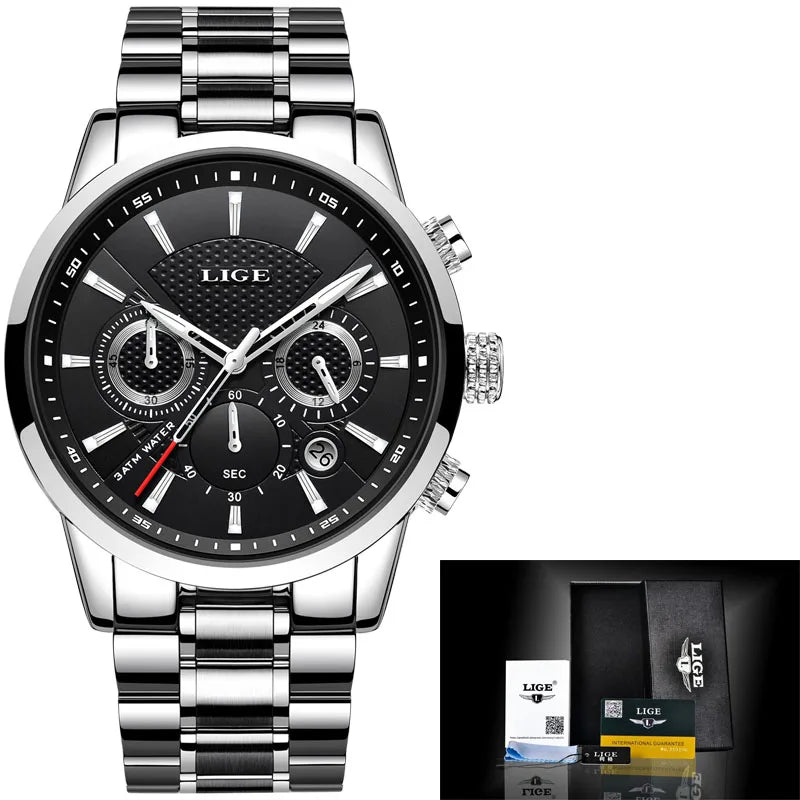 Watches Mens New LIGE Top Brand Luxury Casual Stainless Quartz Mens Watch Business Clock Male Sports Waterproof Date Chronograph