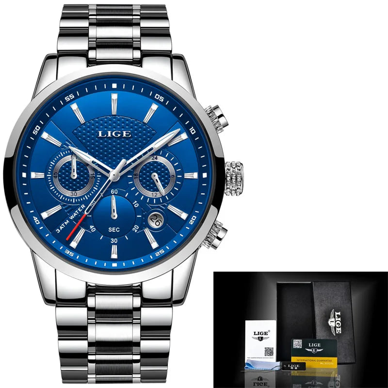 Watches Mens New LIGE Top Brand Luxury Casual Stainless Quartz Mens Watch Business Clock Male Sports Waterproof Date Chronograph