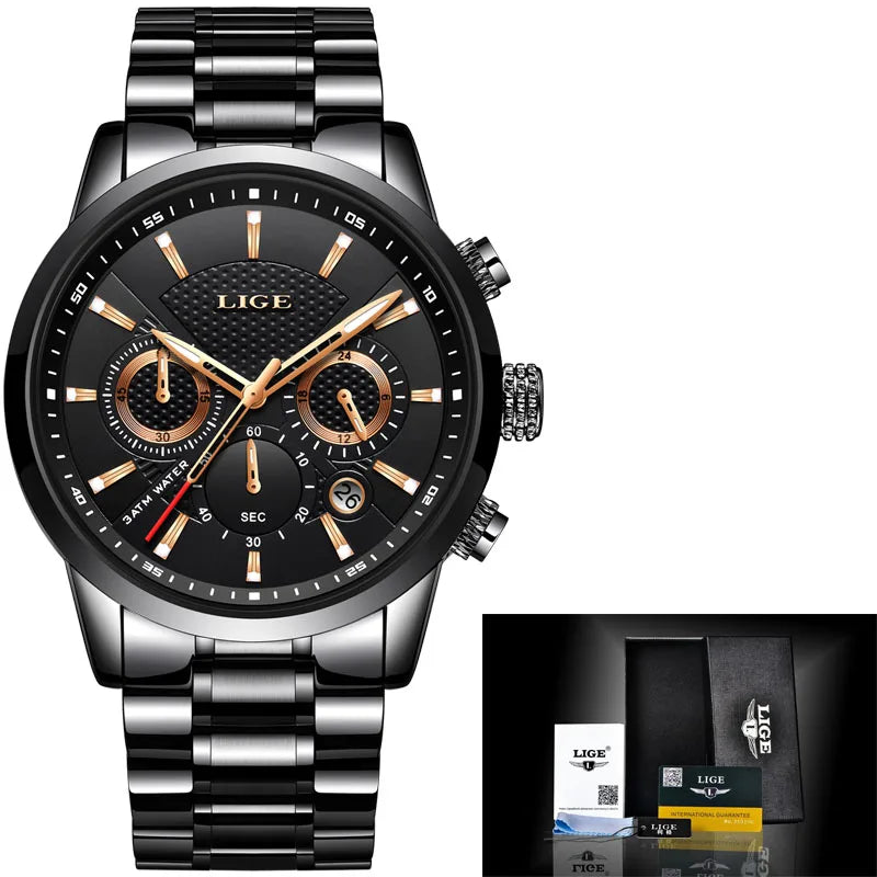 Watches Mens New LIGE Top Brand Luxury Casual Stainless Quartz Mens Watch Business Clock Male Sports Waterproof Date Chronograph