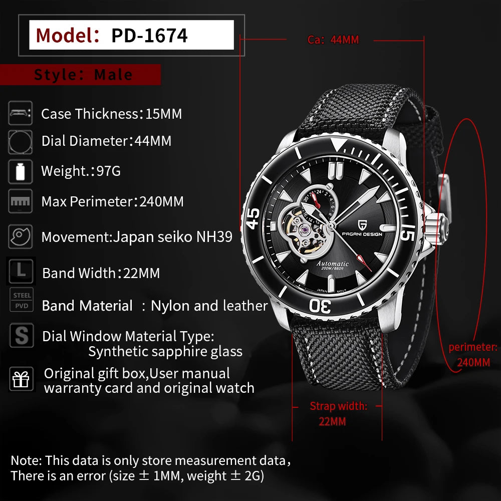 PAGANI Men's Stainless Steel Automatic Mechanical Wristwatch Sapphire Business Waterproof Tourbillon Luminous Watch
