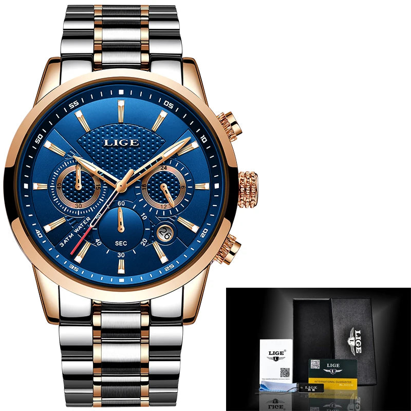 Watches Mens New LIGE Top Brand Luxury Casual Stainless Quartz Mens Watch Business Clock Male Sports Waterproof Date Chronograph