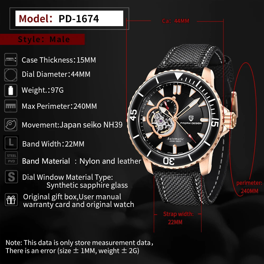 PAGANI Men's Stainless Steel Automatic Mechanical Wristwatch Sapphire Business Waterproof Tourbillon Luminous Watch
