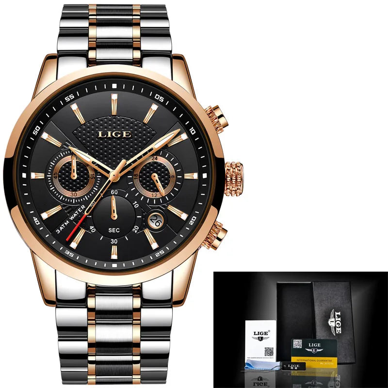 Watches Mens New LIGE Top Brand Luxury Casual Stainless Quartz Mens Watch Business Clock Male Sports Waterproof Date Chronograph