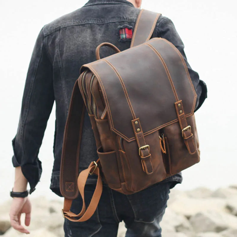 Newsbirds men's leather backpack retro luxury fashion style bagpack travel bag backpack school bag for man leather daypack men