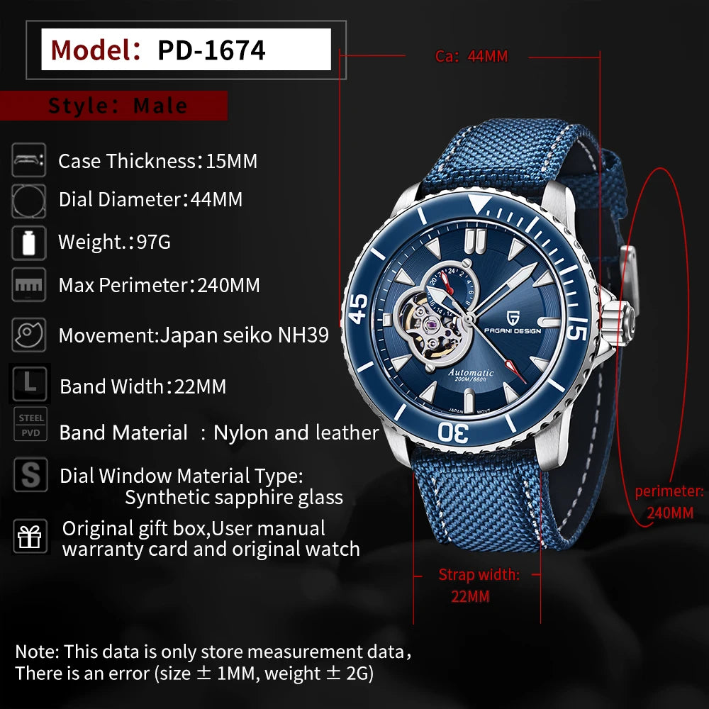 PAGANI Men's Stainless Steel Automatic Mechanical Wristwatch Sapphire Business Waterproof Tourbillon Luminous Watch