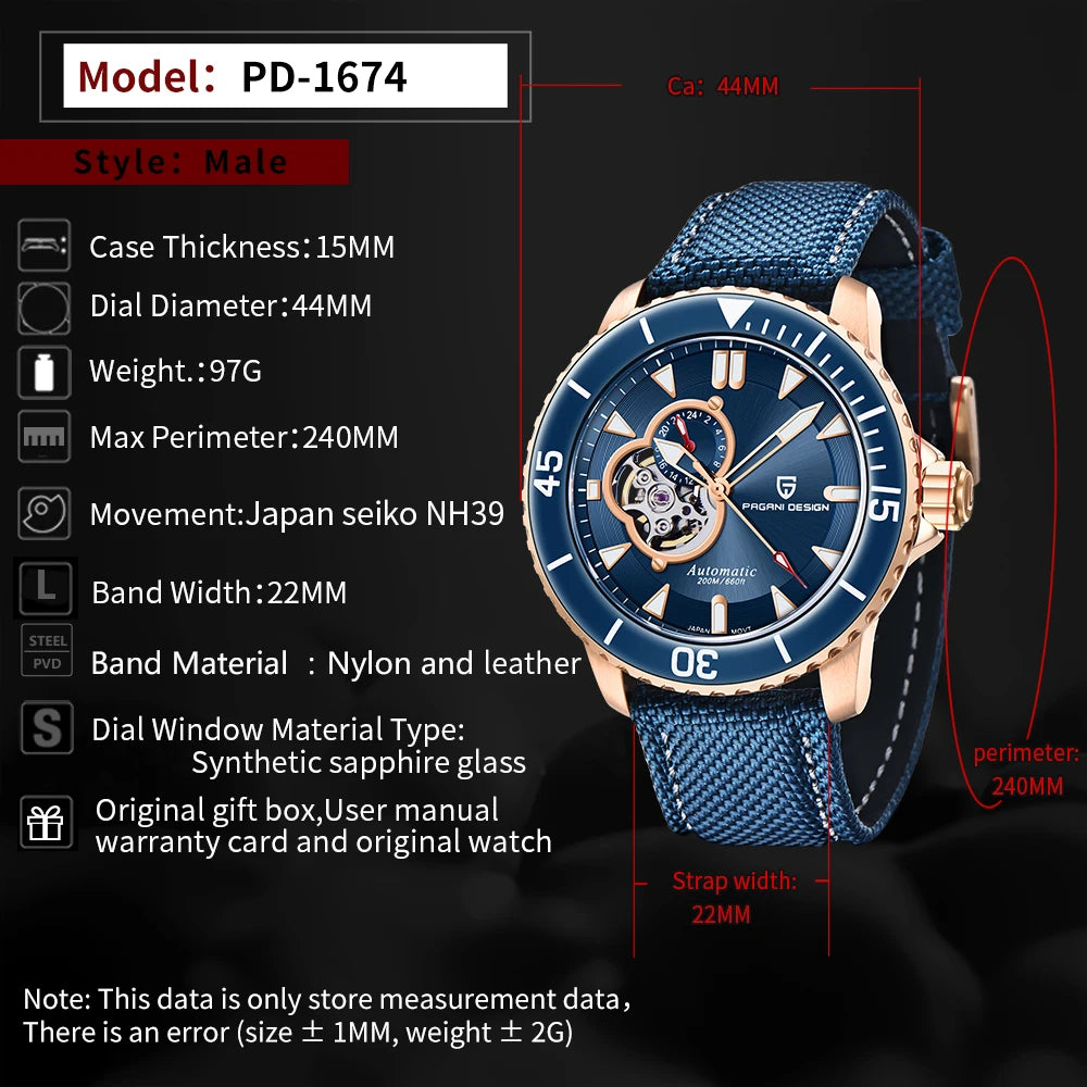 PAGANI Men's Stainless Steel Automatic Mechanical Wristwatch Sapphire Business Waterproof Tourbillon Luminous Watch
