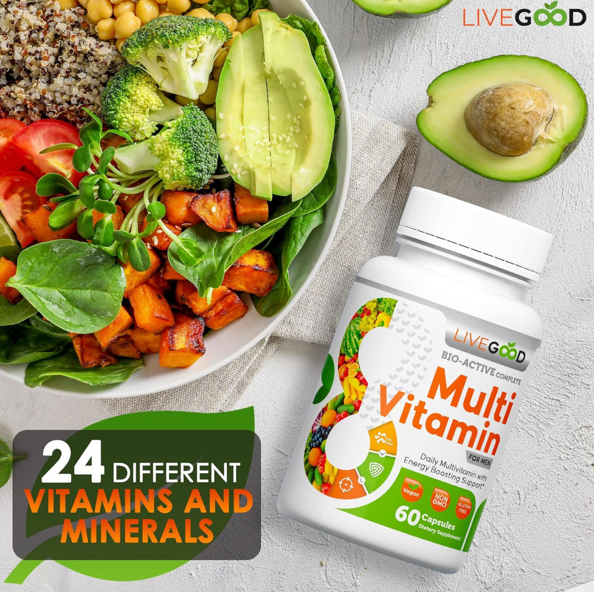 LiveGood Multivitamínico completo Bio-Active para hombre, suplemento diario con vitamina A, B12, C, E, licopeno, vegano, 60 cápsulas