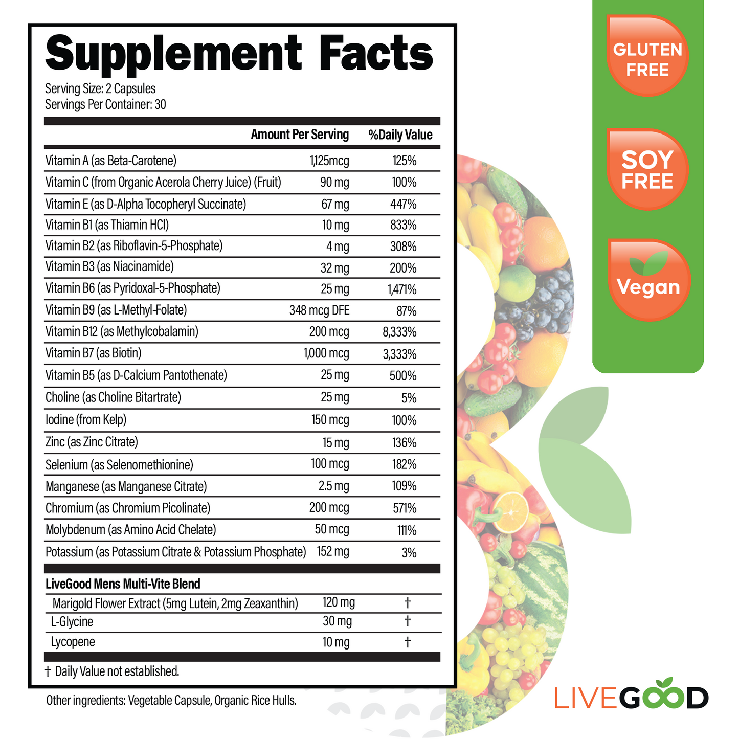 LiveGood Multivitamínico completo Bio-Active para hombre, suplemento diario con vitamina A, B12, C, E, licopeno, vegano, 60 cápsulas