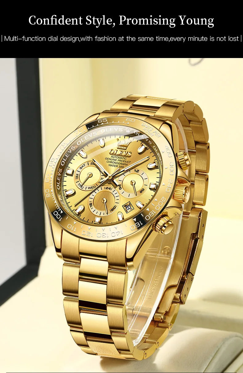 OLEVS 6638 Top Automatic Watch for Men Stainless Steel Waterproof Luminous Chronograph Auto Date Luxury Mechanical Wristwatches
