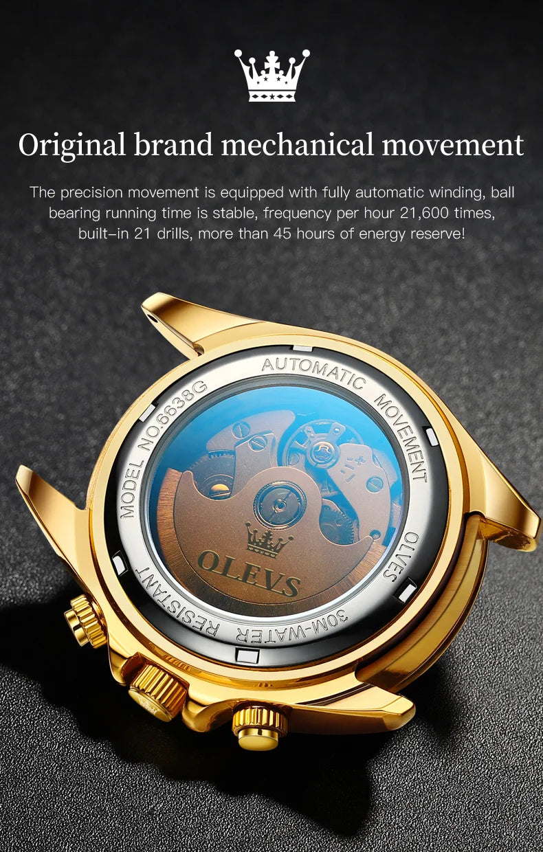OLEVS 6638 Top Automatic Watch for Men Stainless Steel Waterproof Luminous Chronograph Auto Date Luxury Mechanical Wristwatches