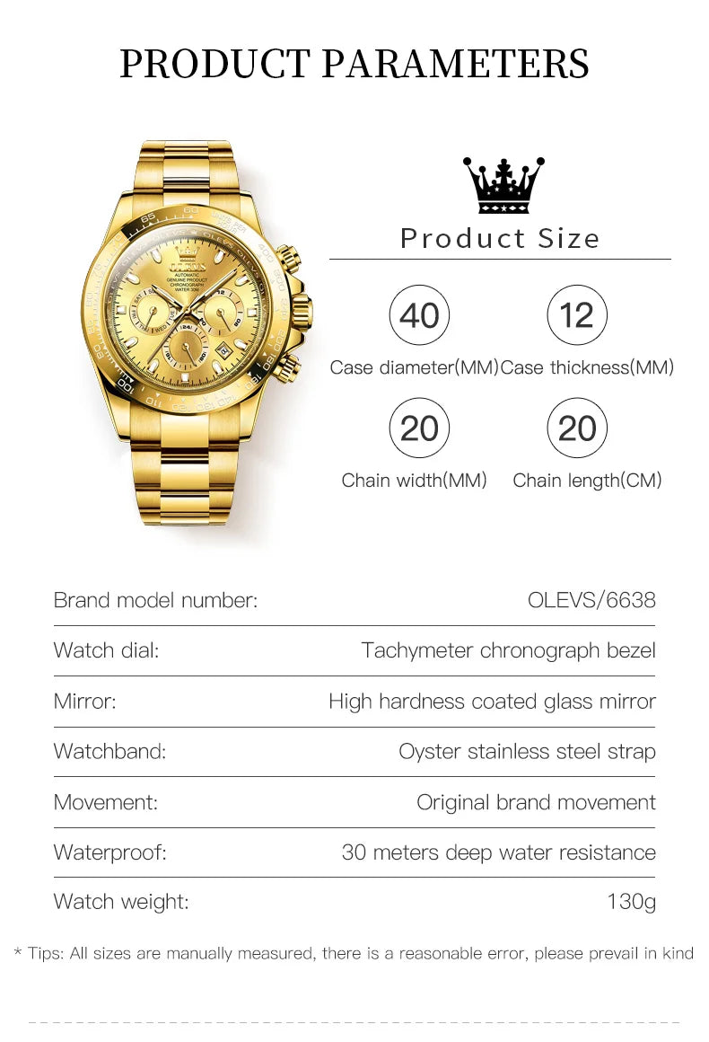 OLEVS 6638 Top Automatic Watch for Men Stainless Steel Waterproof Luminous Chronograph Auto Date Luxury Mechanical Wristwatches