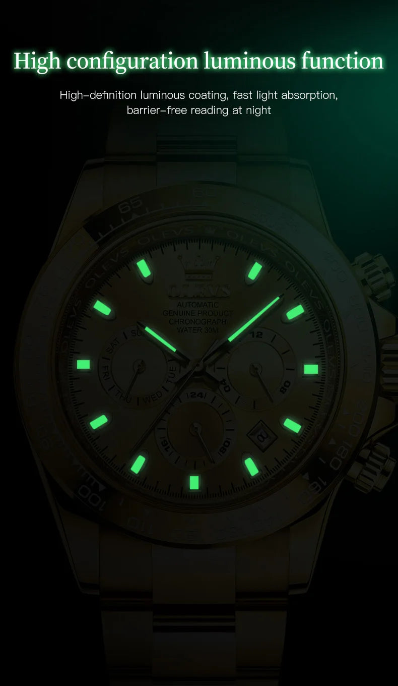 OLEVS 6638 Top Automatic Watch for Men Stainless Steel Waterproof Luminous Chronograph Auto Date Luxury Mechanical Wristwatches