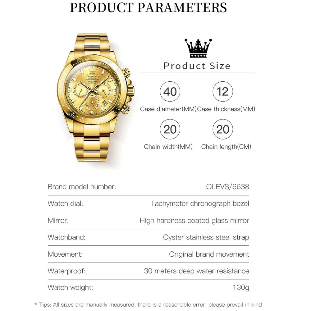 OLEVS 6638 Top Automatic Watch for Men Stainless Steel Waterproof Luminous Chronograph Auto Date Luxury Mechanical Wristwatches