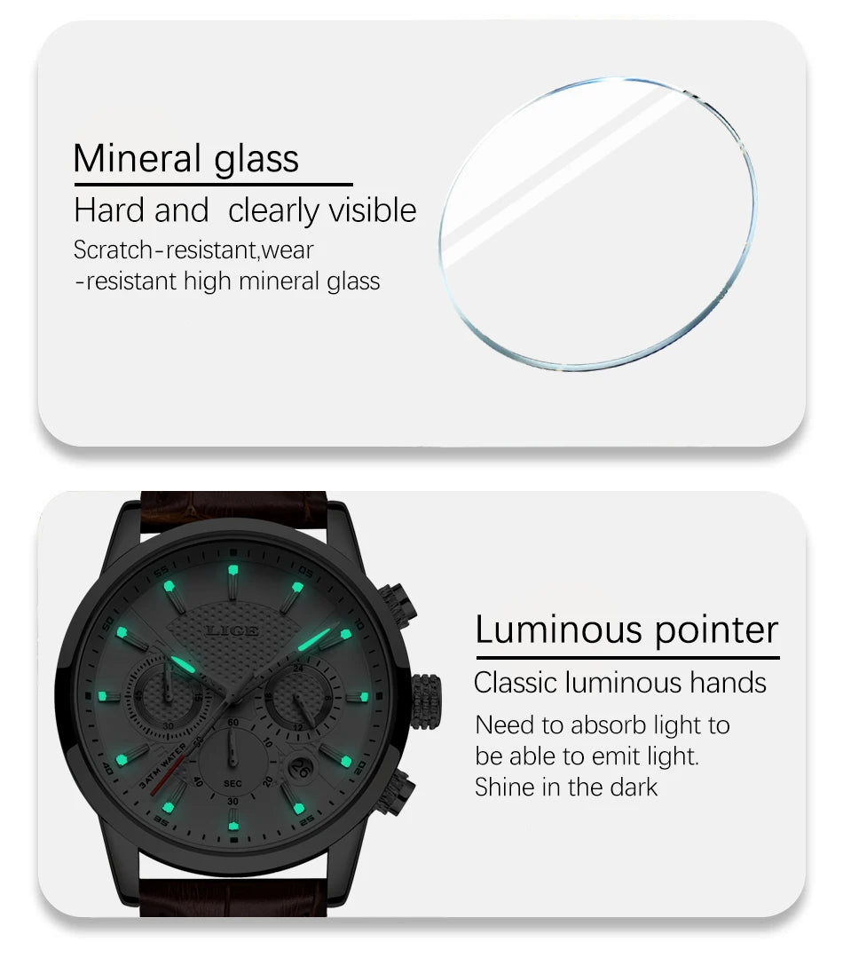 Watches Mens New LIGE Top Brand Luxury Casual Stainless Quartz Mens Watch Business Clock Male Sports Waterproof Date Chronograph