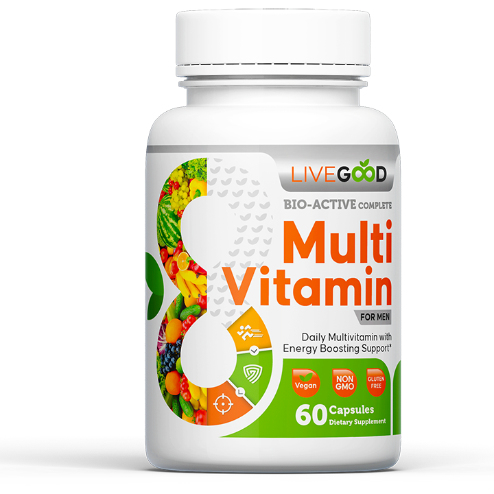 LiveGood Multivitamínico completo Bio-Active para hombre, suplemento diario con vitamina A, B12, C, E, licopeno, vegano, 60 cápsulas